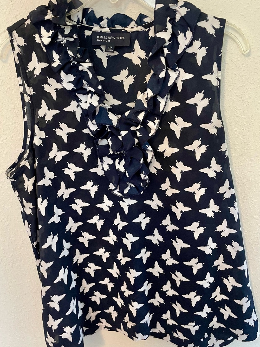 Jones New York Signature Navy Butterfly Ruffle Sleeveless Blouse